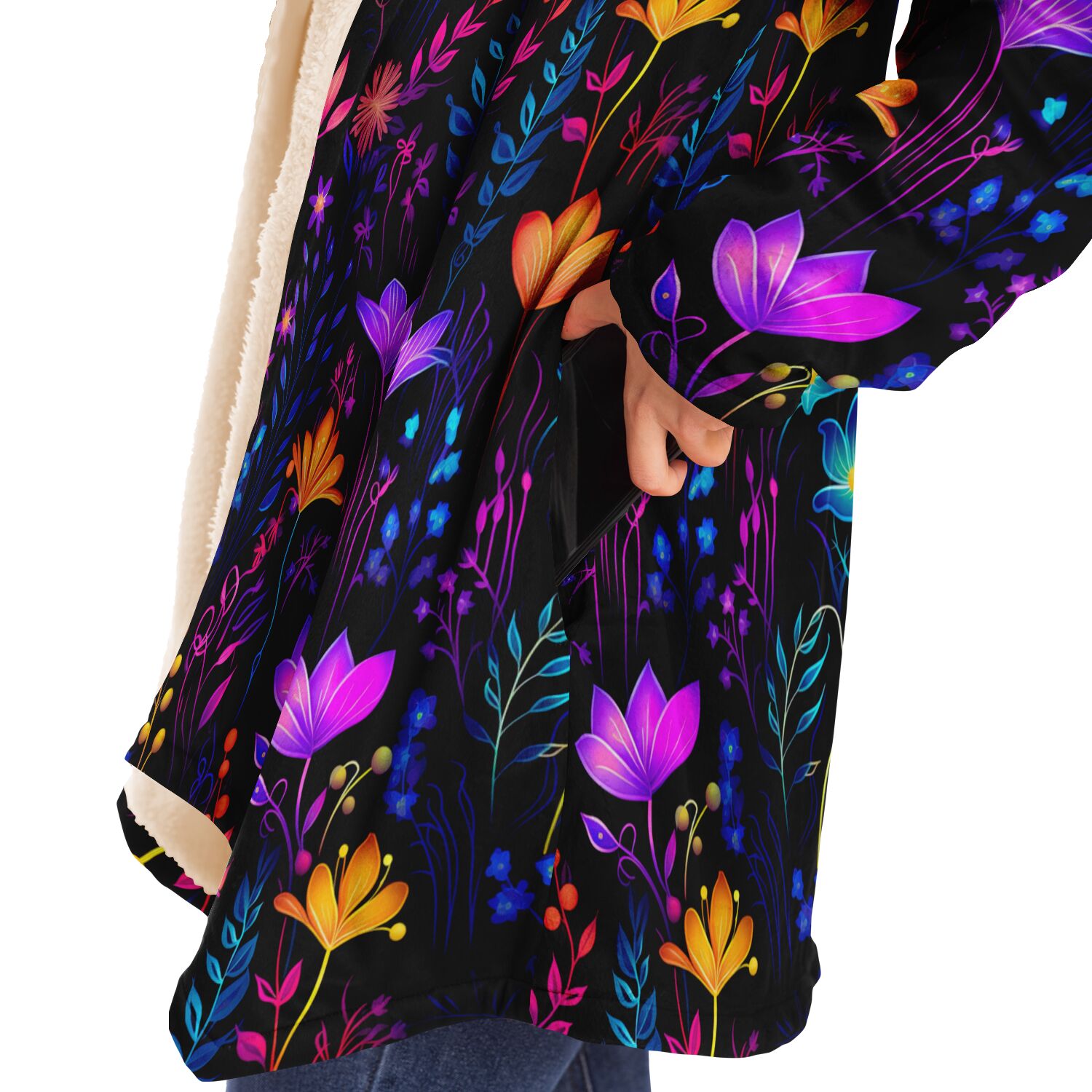 luxury fashion stylish hoodie cloak with neon wildflowers print