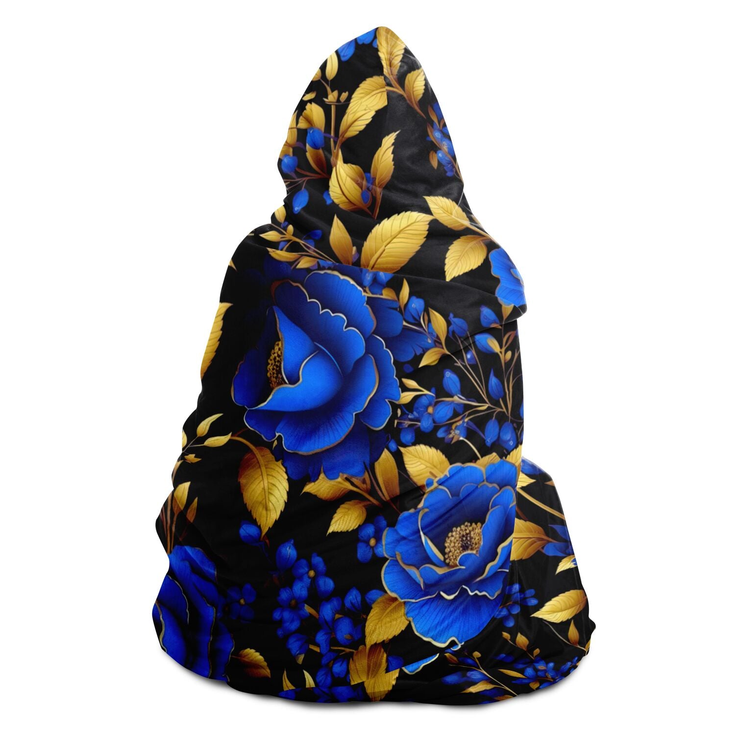 cute comfy and cozy blanket hoodie with blue gold floral print