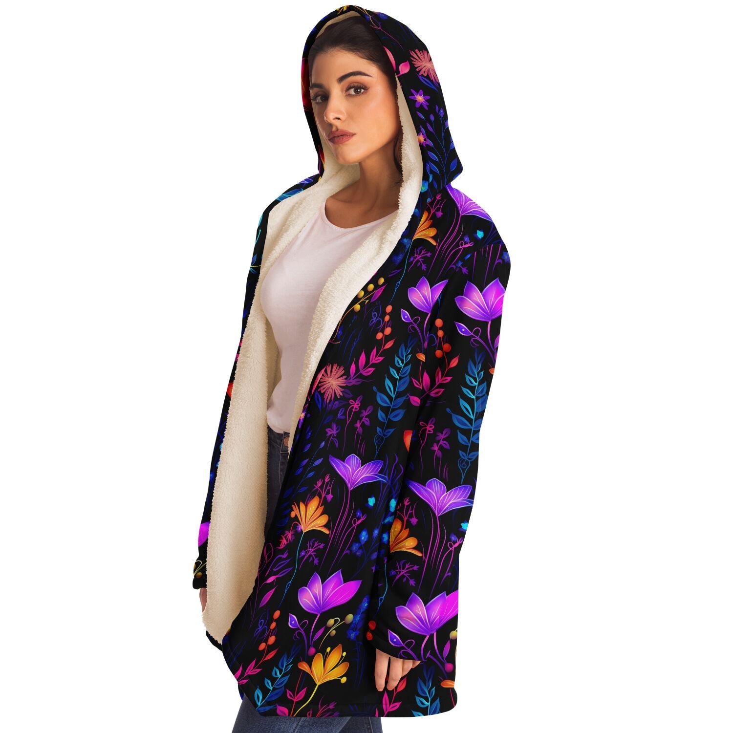 chic stylish hoodie cloak with vibrant neon wildflowers print