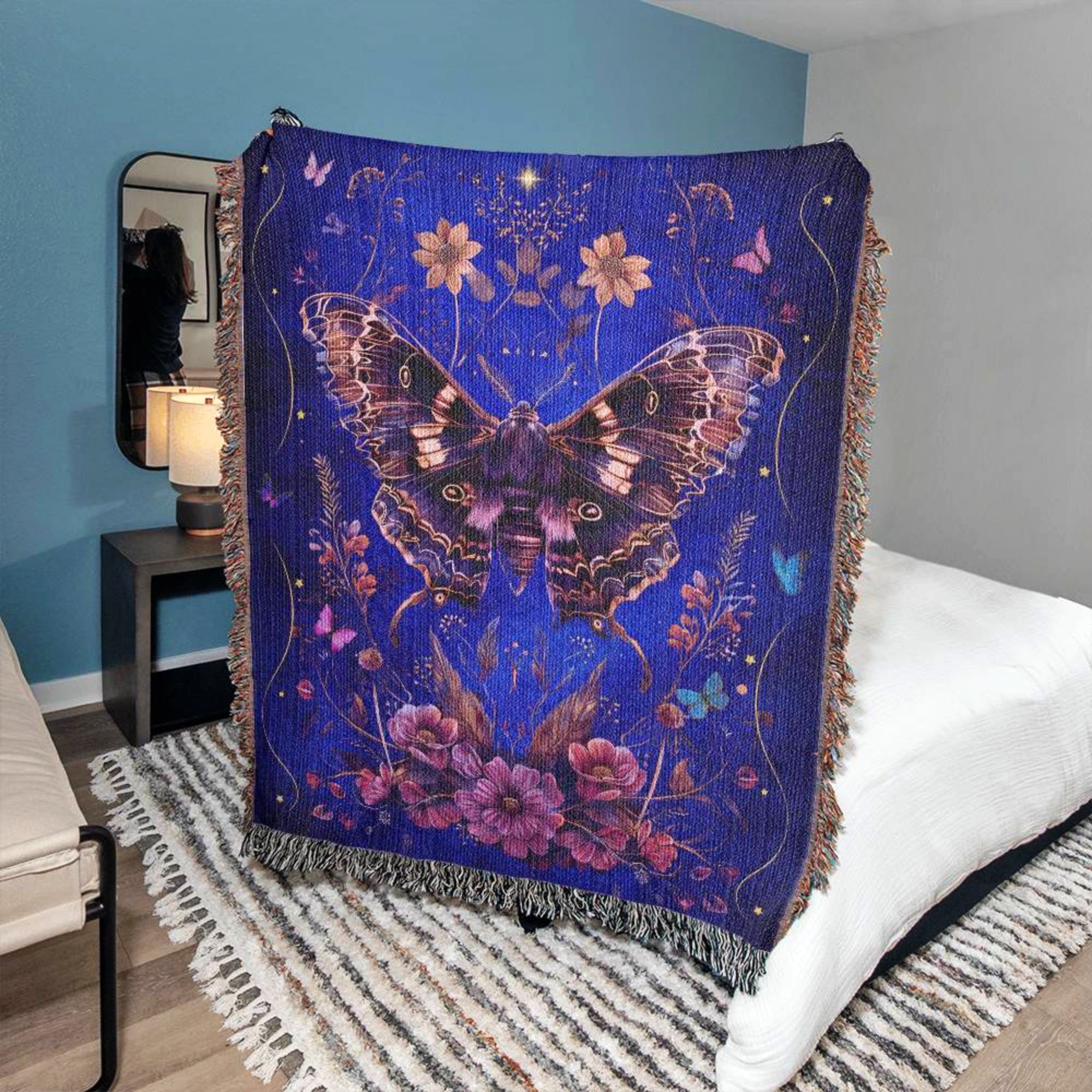 Celestial Moth Floral Woven Tapestry Blanket Throw