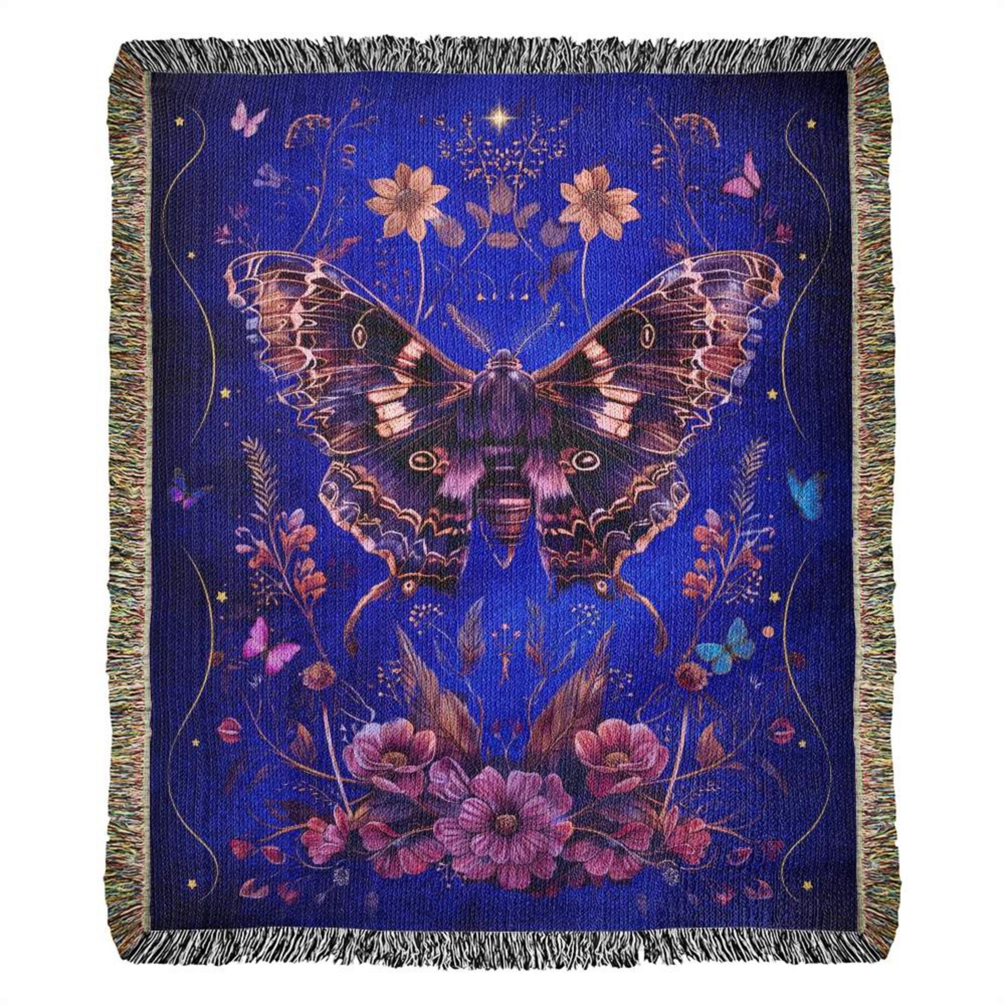 Celestial Moth Dark Academia Floral Woven Blanket