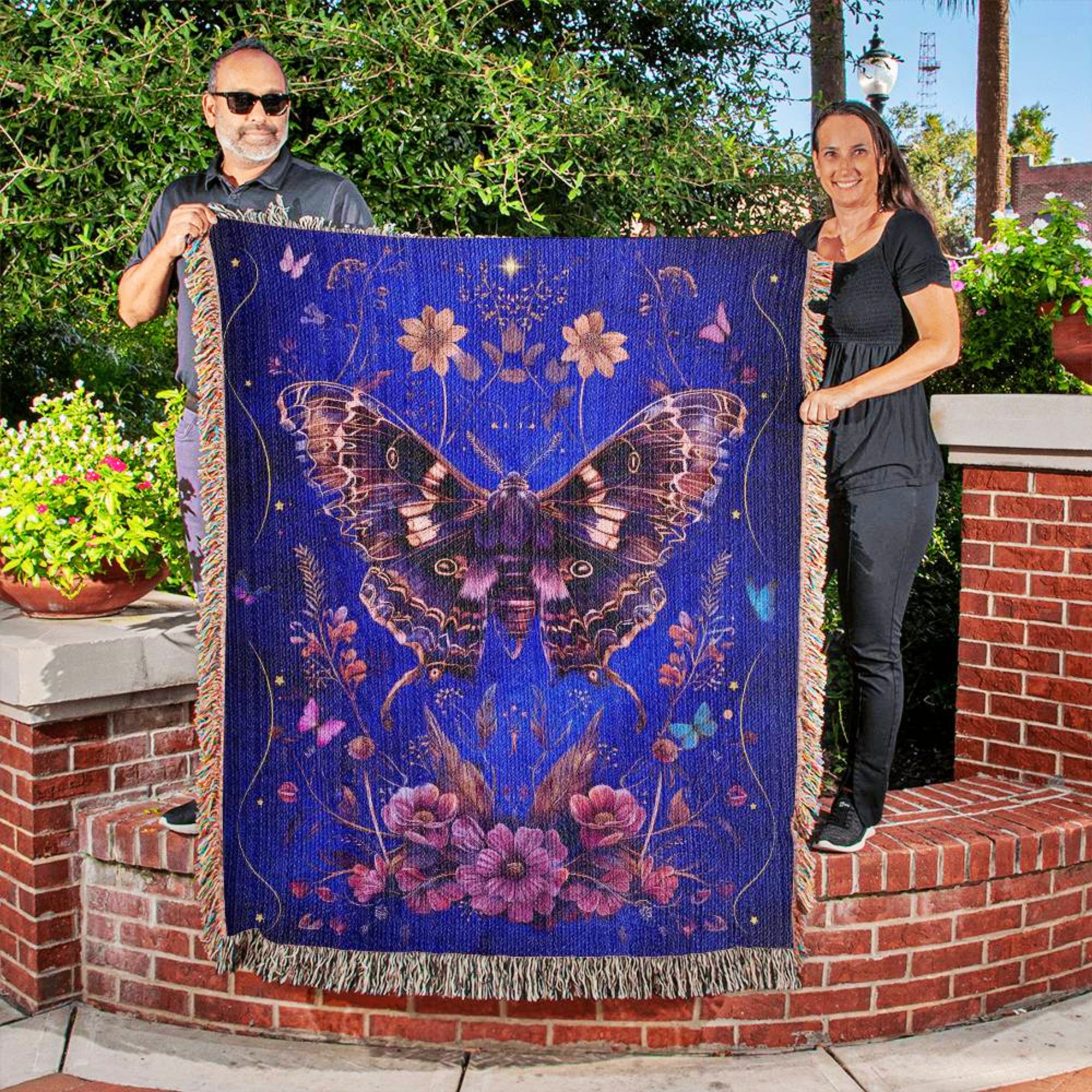 Celestial Moth Dark Cottagecore Floral Woven Blanket