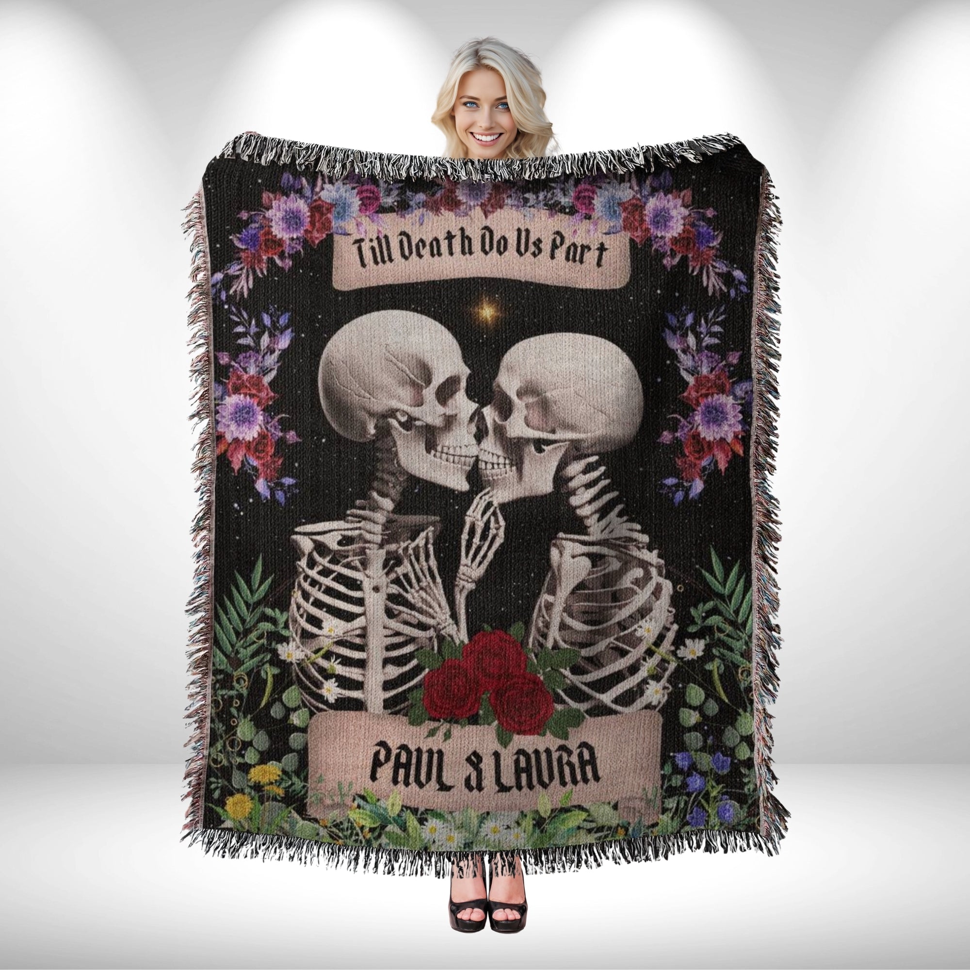 Custom Goth Wedding Skeletons Woven Blanket