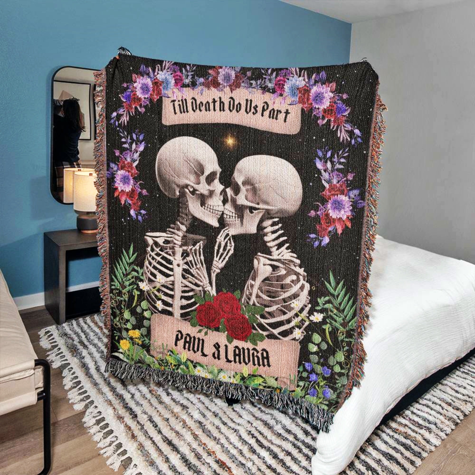 Custom Goth Wedding Skeleton Woven Blanket