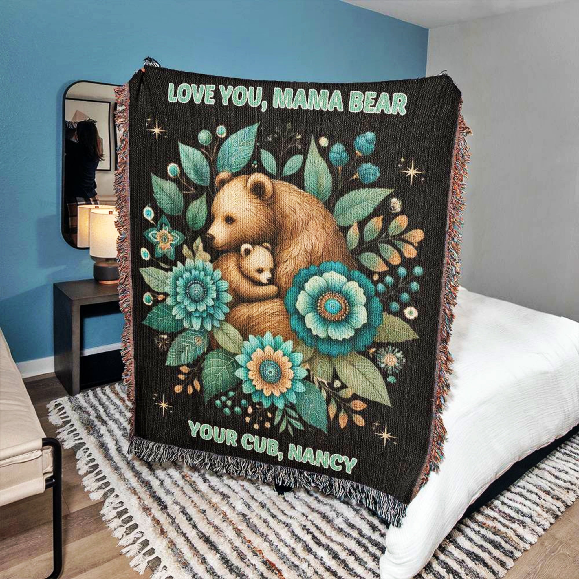 Mama Bear Woven Boho Blanket Gift for Mom Birthday