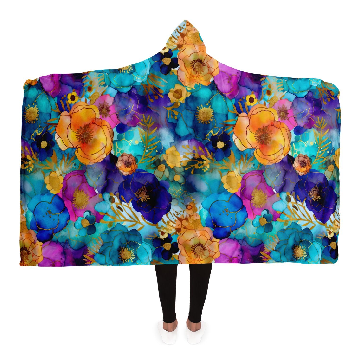 Hoodie blanket with gold ink floral print