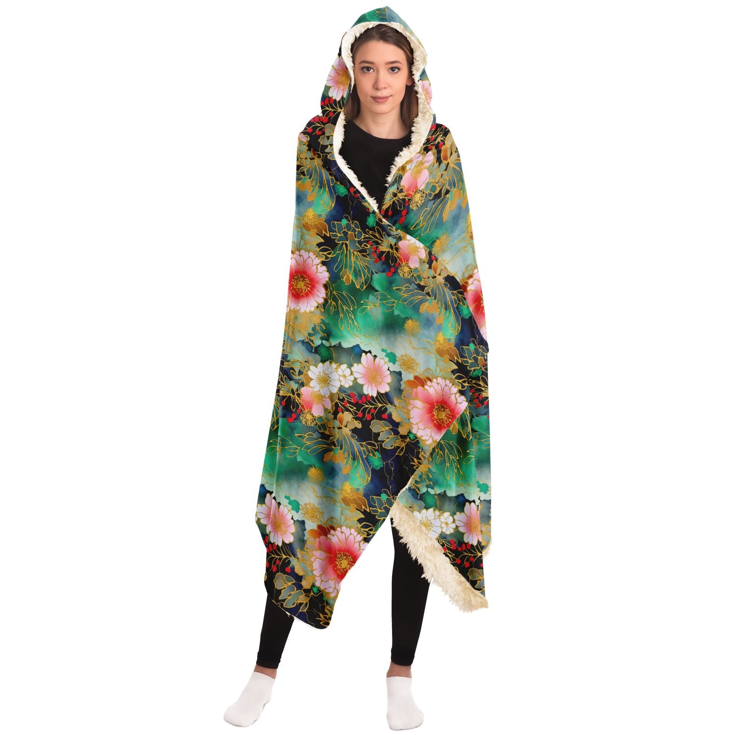 Cute hoodie blanket with Japanese flowers art print