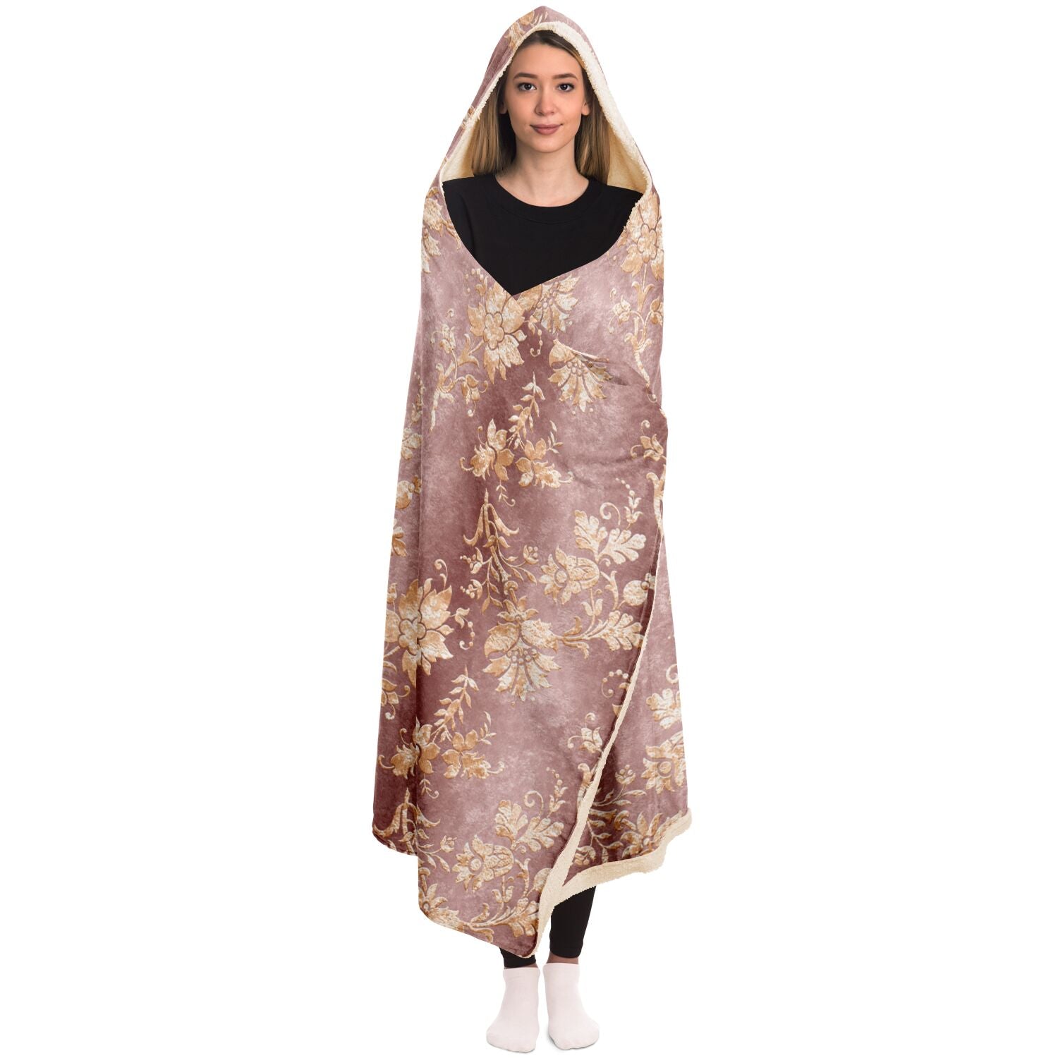 hooded blanket with rose gold floral print