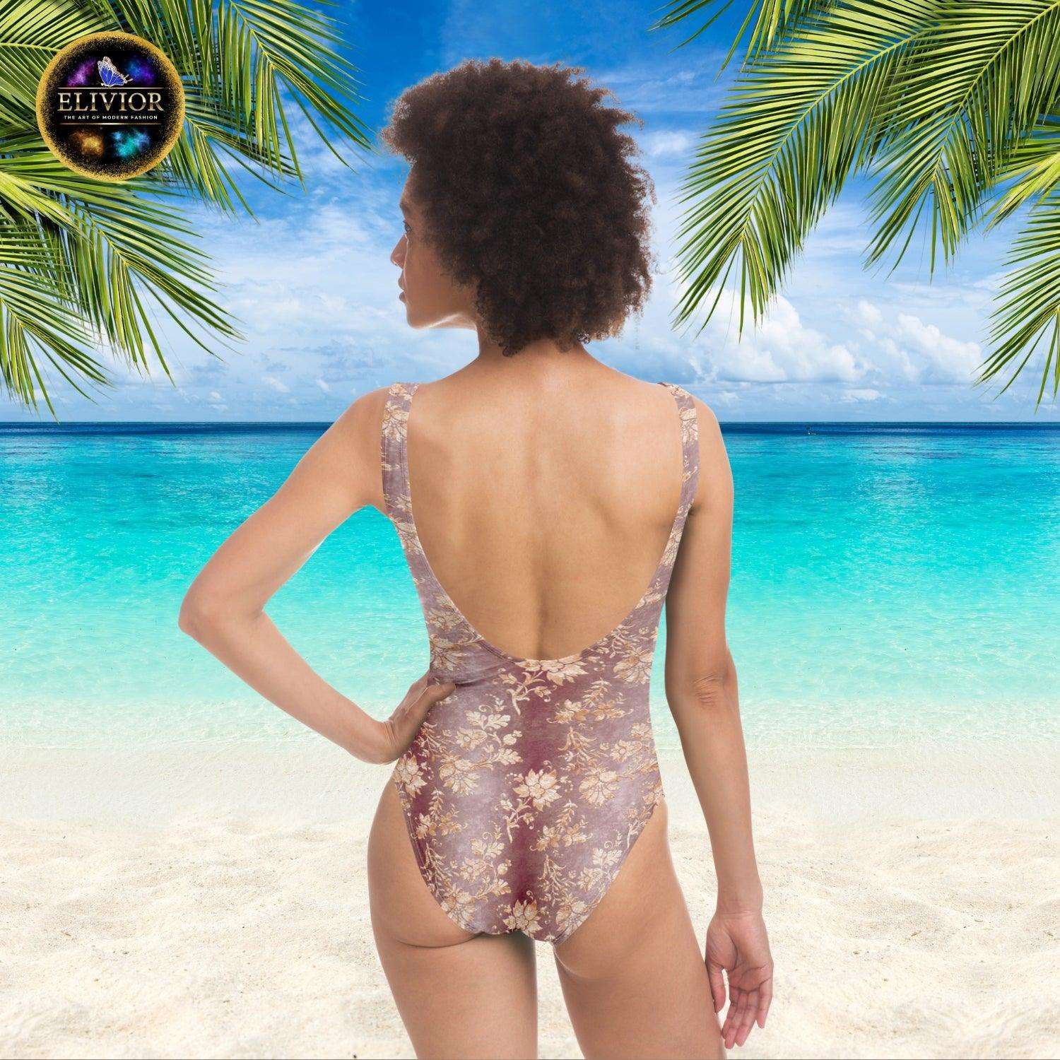 Champagne Damask Velvet Pattern One Piece Swimsuit - ELIVIOR