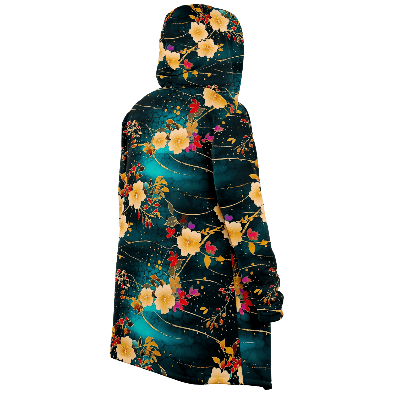 Chiyogami Flowers Print Luxury Cloak with Hood - ELIVIOR