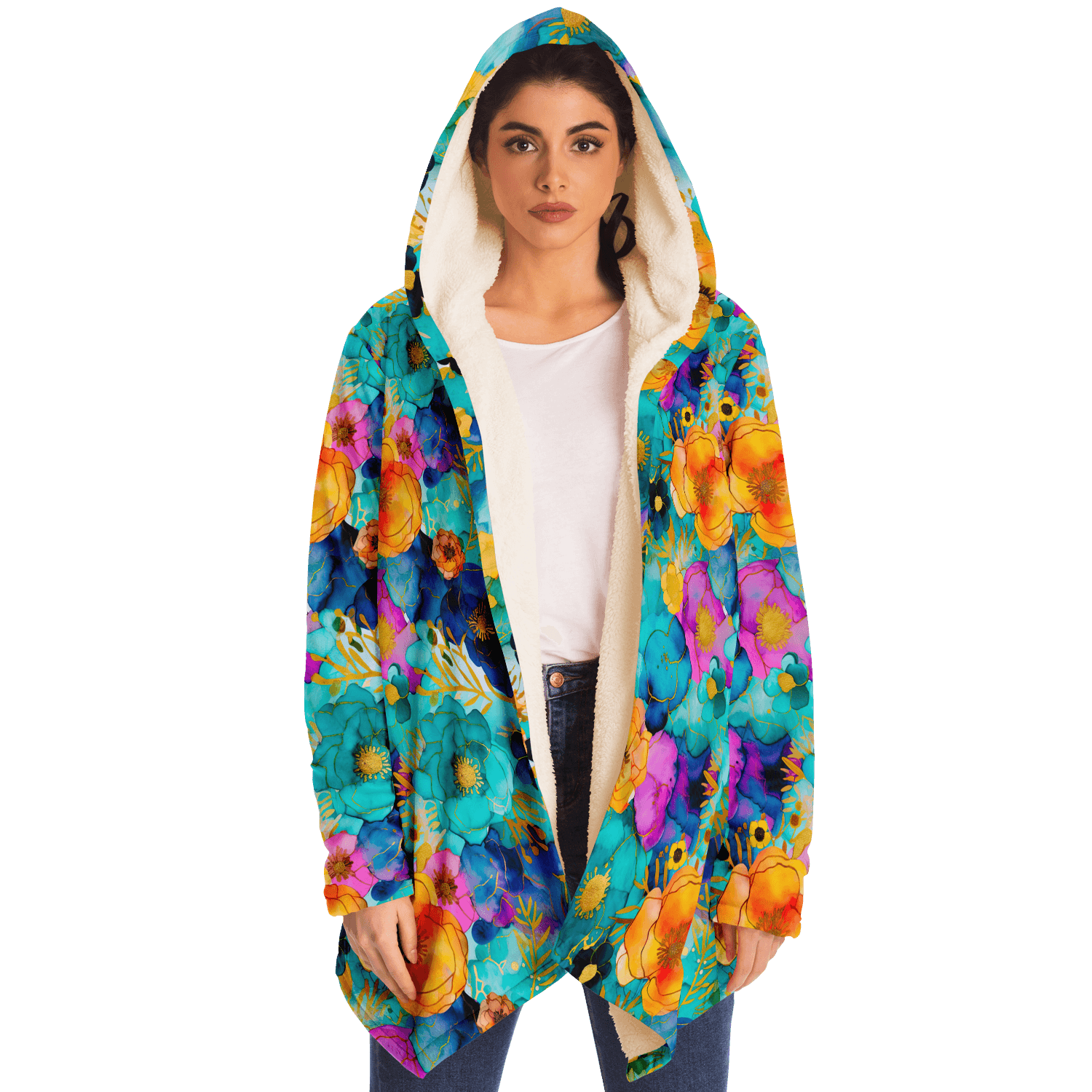 Stylish Gold Ink Flowers Luxurious Cloak with Hood - ELIVIOR