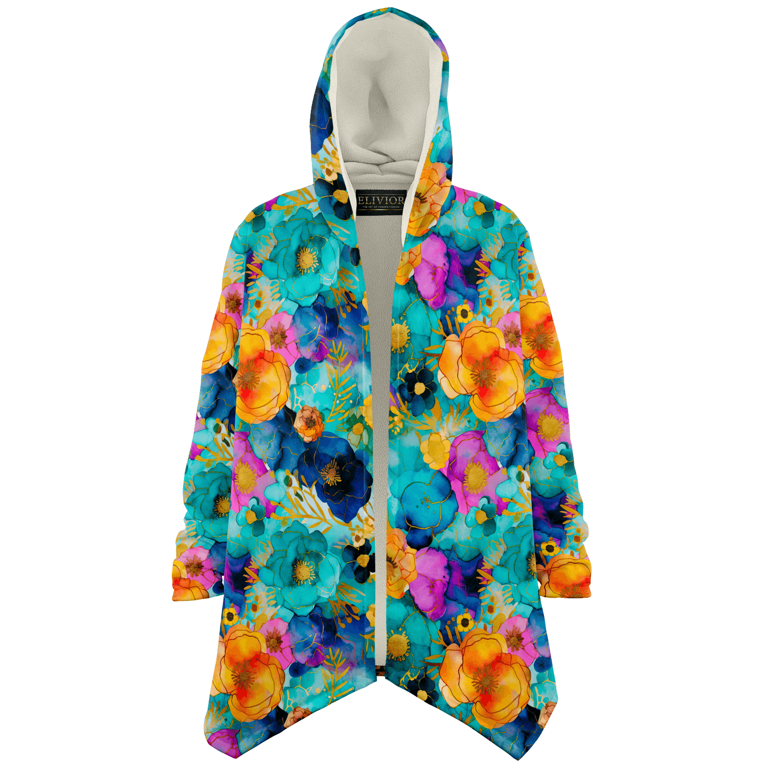 Stylish Gold Ink Flowers Luxurious Cloak with Hood - ELIVIOR