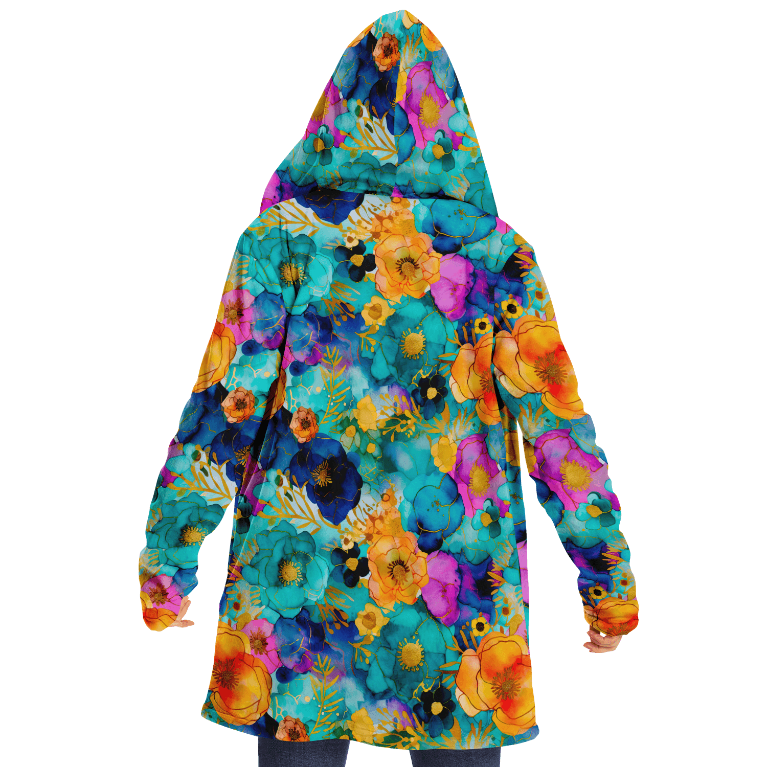 Stylish Gold Ink Flowers Luxurious Cloak with Hood - ELIVIOR