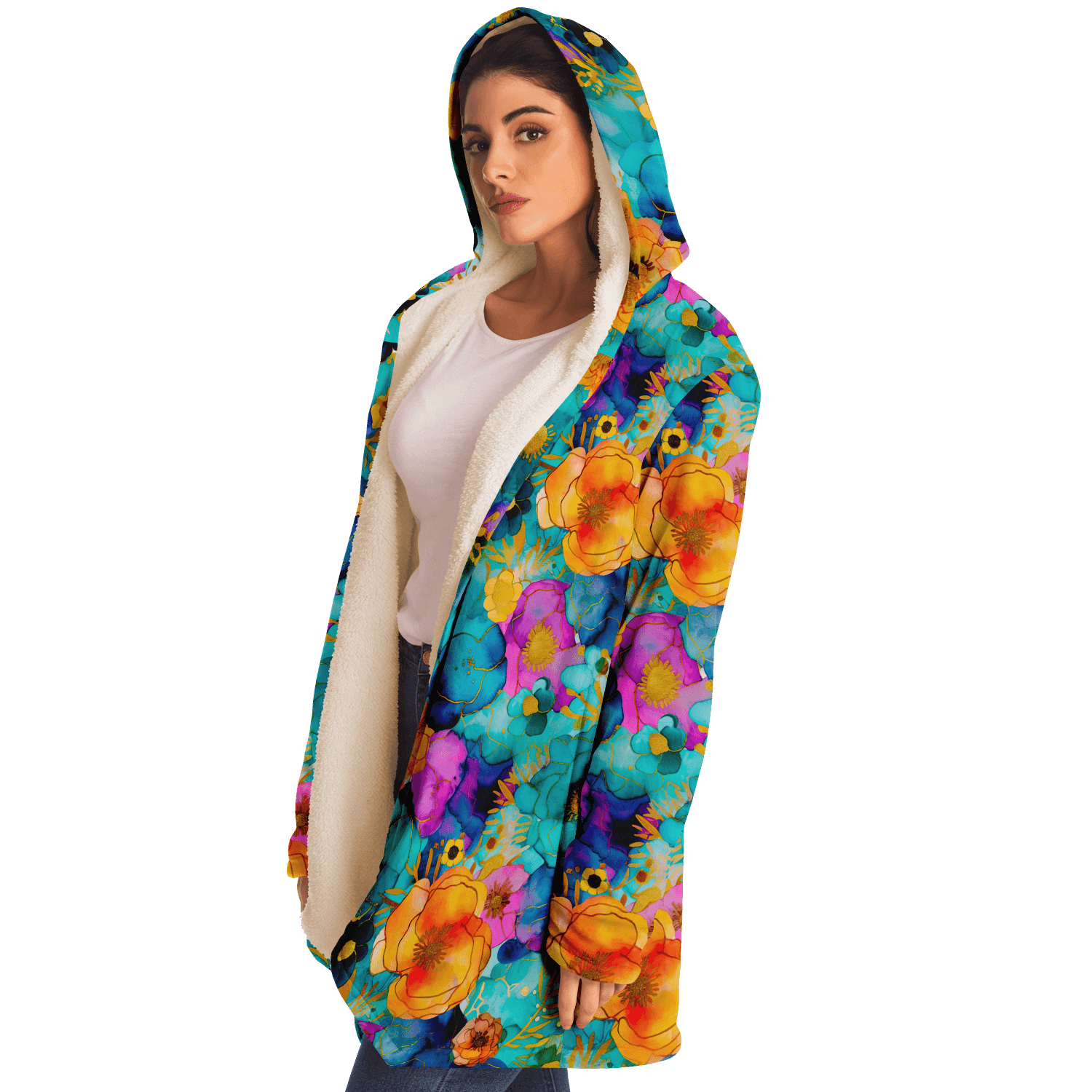 Stylish Gold Ink Flowers Luxurious Cloak with Hood - ELIVIOR